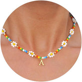 PendantPop: Colorful Beaded Initial Necklaces for Women - Daisy Flower Beaded Choker Necklace for Women Handmade Cute Flower Necklaces Summer Beach Choker Necklace Jewelry Gifts