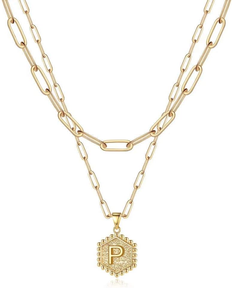 PendantPop:  Dainty Gold Necklace for Women - 14K Solid Gold Over Layering Necklaces for Women Cute Hexagon Letter Initial Necklaces for Women Gold Layered Necklaces for Women Jewelry Gifts