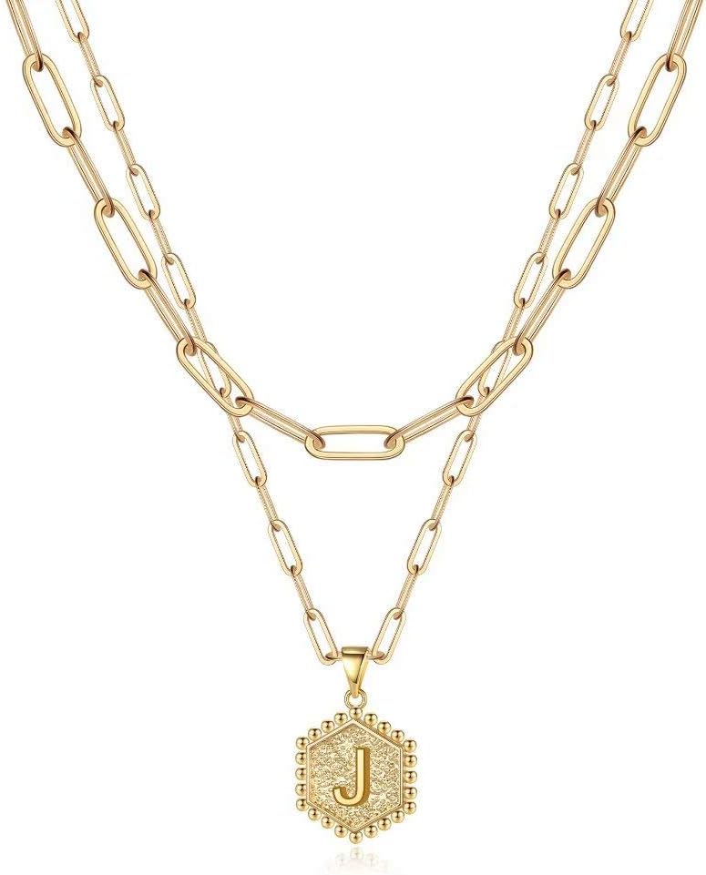 PendantPop:  Dainty Gold Necklace for Women - 14K Solid Gold Over Layering Necklaces for Women Cute Hexagon Letter Initial Necklaces for Women Gold Layered Necklaces for Women Jewelry Gifts