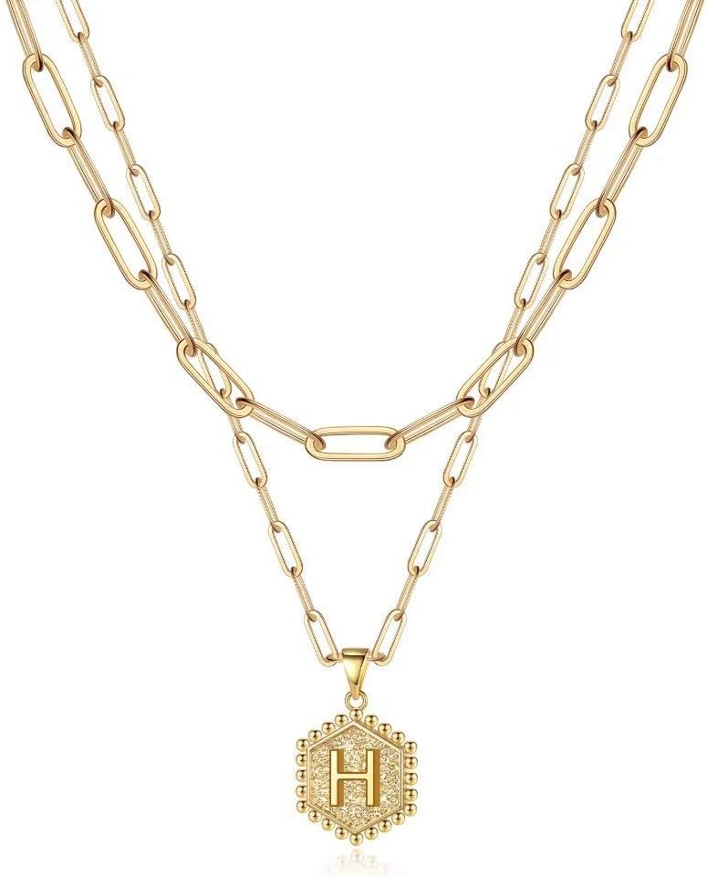 PendantPop:  Dainty Gold Necklace for Women - 14K Solid Gold Over Layering Necklaces for Women Cute Hexagon Letter Initial Necklaces for Women Gold Layered Necklaces for Women Jewelry Gifts