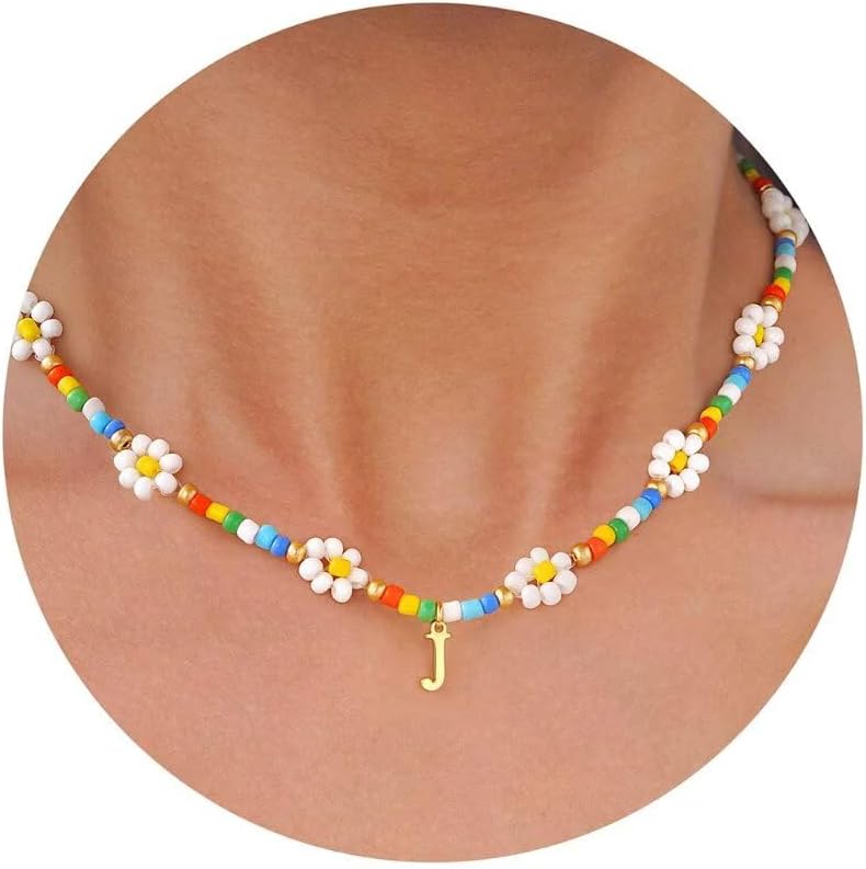 PendantPop:  Colorful Beaded Initial Necklaces for Women - Daisy Flower Beaded Choker Necklace for Women Handmade Cute Flower Necklaces Summer Beach Choker Necklace Jewelry Gifts