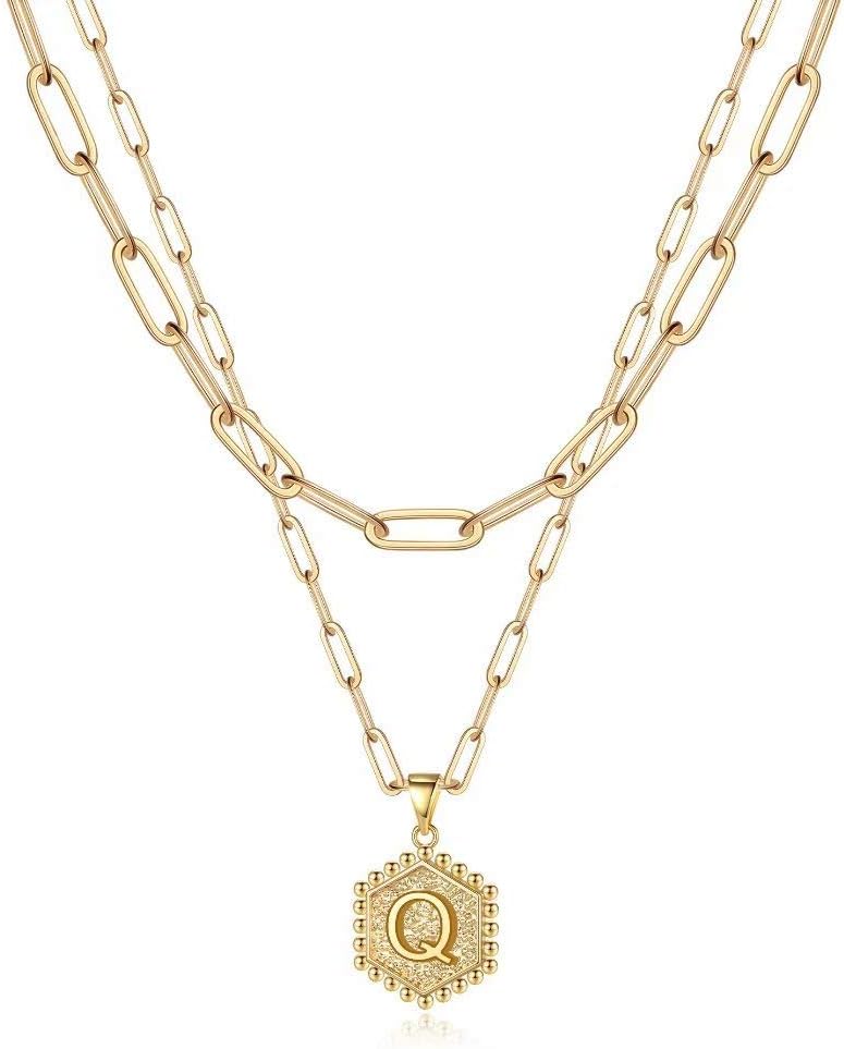 PendantPop:  Dainty Gold Necklace for Women - 14K Solid Gold Over Layering Necklaces for Women Cute Hexagon Letter Initial Necklaces for Women Gold Layered Necklaces for Women Jewelry Gifts