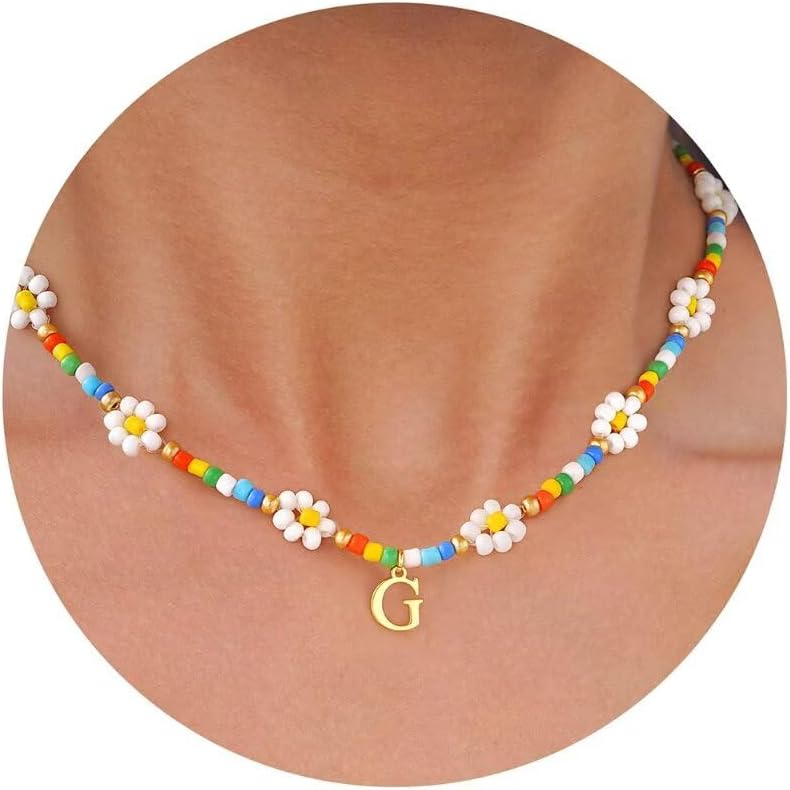 PendantPop:  Colorful Beaded Initial Necklaces for Women - Daisy Flower Beaded Choker Necklace for Women Handmade Cute Flower Necklaces Summer Beach Choker Necklace Jewelry Gifts