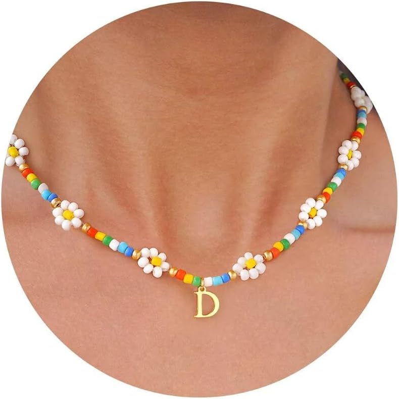 PendantPop:  Colorful Beaded Initial Necklaces for Women - Daisy Flower Beaded Choker Necklace for Women Handmade Cute Flower Necklaces Summer Beach Choker Necklace Jewelry Gifts