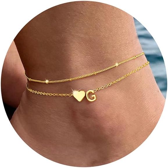 PendantPop:  Gold Initial Ankle Bracelets for Women - Layered Heart Letter A-Z Initial Dainty Gold Anklets for Women Waterproof, Womens Anklets Jewelry Birthday Gifts Jewelry