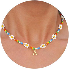 PendantPop:  Colorful Beaded Initial Necklaces for Women - Daisy Flower Beaded Choker Necklace for Women Handmade Cute Flower Necklaces Summer Beach Choker Necklace Jewelry Gifts