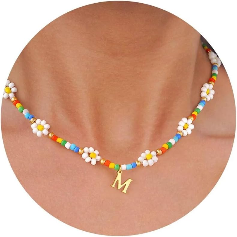 PendantPop:  Colorful Beaded Initial Necklaces for Women - Daisy Flower Beaded Choker Necklace for Women Handmade Cute Flower Necklaces Summer Beach Choker Necklace Jewelry Gifts