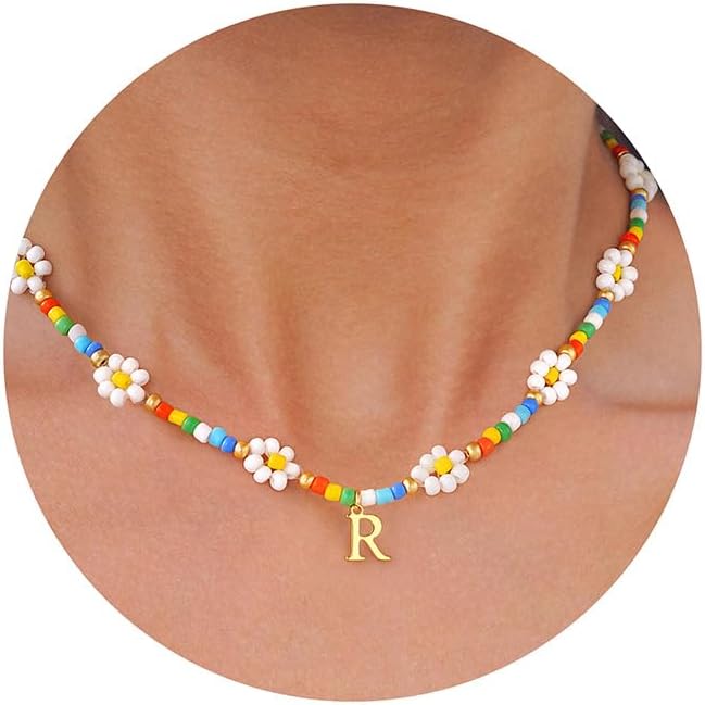 PendantPop:  Colorful Beaded Initial Necklaces for Women - Daisy Flower Beaded Choker Necklace for Women Handmade Cute Flower Necklaces Summer Beach Choker Necklace Jewelry Gifts