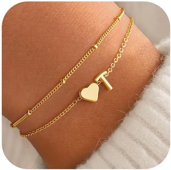 PendantPop:  Initial Heart Gold Bracelets for Women - Layered Dainty Gold Heart Letter A-Z Charm Bracelets for Women, Chain Link Charm Bracelets Beaded Bracelets Birthday Gifts Womens Jewelry