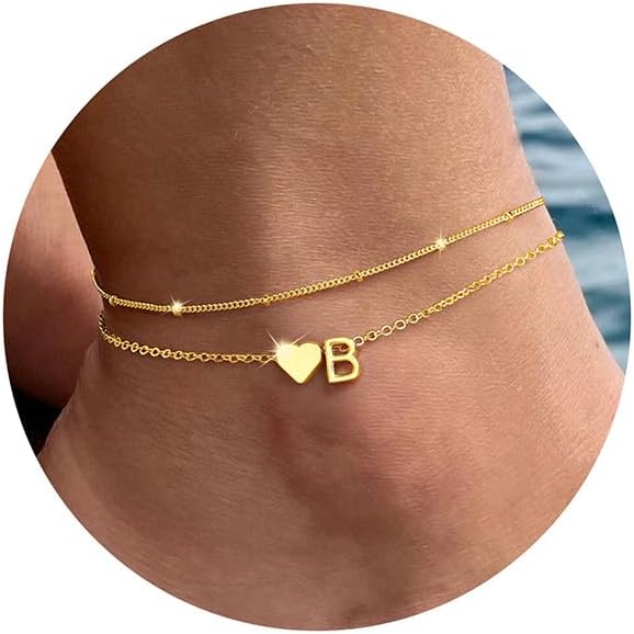 PendantPop:  Gold Initial Ankle Bracelets for Women - Layered Heart Letter A-Z Initial Dainty Gold Anklets for Women Waterproof, Womens Anklets Jewelry Birthday Gifts Jewelry