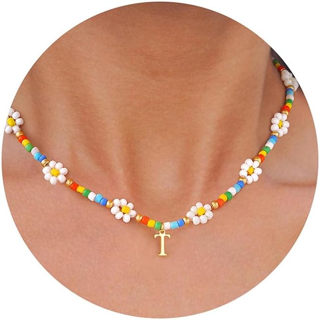 PendantPop:  Colorful Beaded Initial Necklaces for Women - Daisy Flower Beaded Choker Necklace for Women Handmade Cute Flower Necklaces Summer Beach Choker Necklace Jewelry Gifts