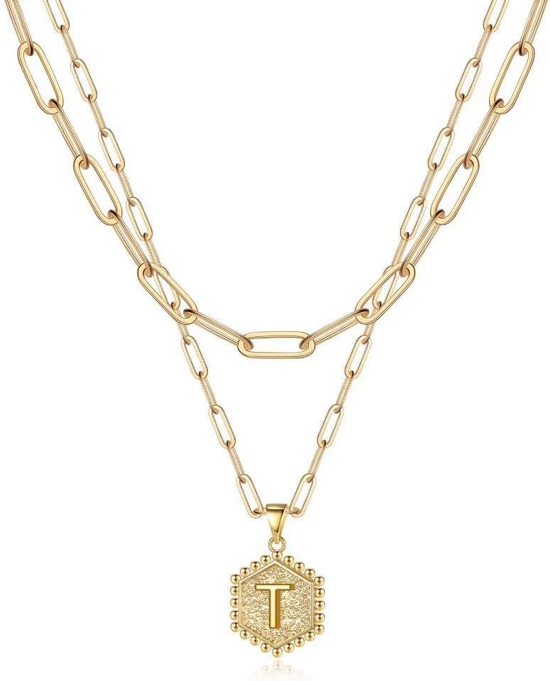 PendantPop:  Dainty Gold Necklace for Women - 14K Solid Gold Over Layering Necklaces for Women Cute Hexagon Letter Initial Necklaces for Women Gold Layered Necklaces for Women Jewelry Gifts