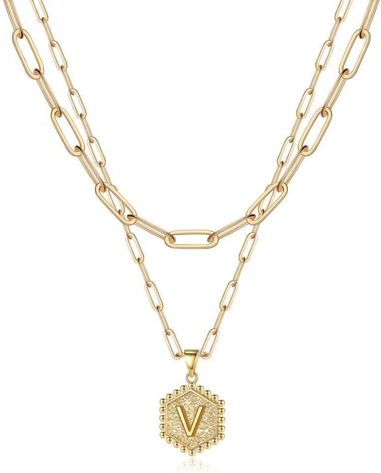 PendantPop:  Dainty Gold Necklace for Women - 14K Solid Gold Over Layering Necklaces for Women Cute Hexagon Letter Initial Necklaces for Women Gold Layered Necklaces for Women Jewelry Gifts