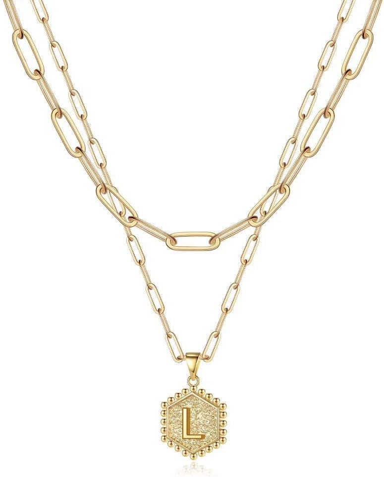 PendantPop:  Dainty Gold Necklace for Women - 14K Solid Gold Over Layering Necklaces for Women Cute Hexagon Letter Initial Necklaces for Women Gold Layered Necklaces for Women Jewelry Gifts