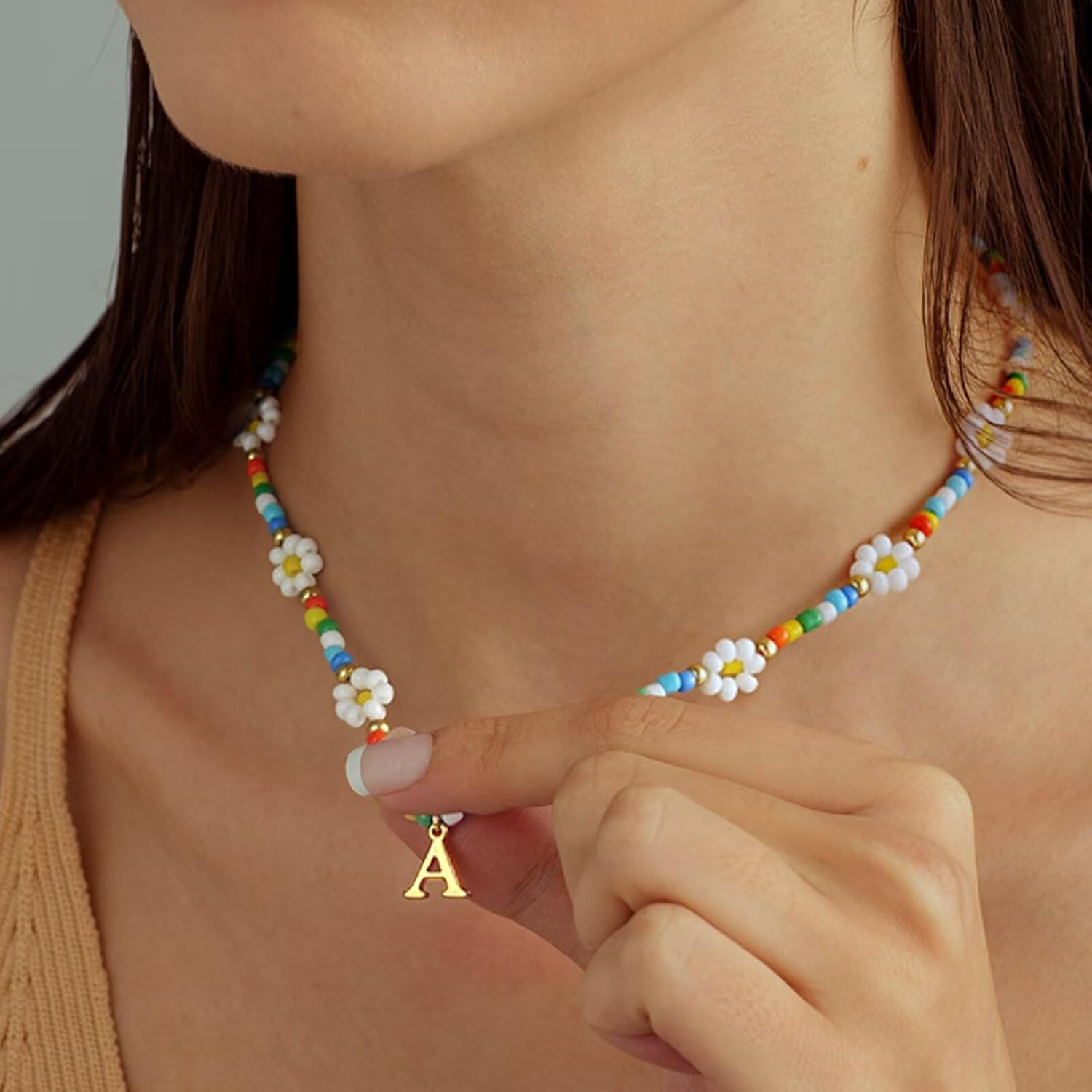 PendantPop:  Colorful Beaded Initial Necklaces for Women - Daisy Flower Beaded Choker Necklace for Women Handmade Cute Flower Necklaces Summer Beach Choker Necklace Jewelry Gifts