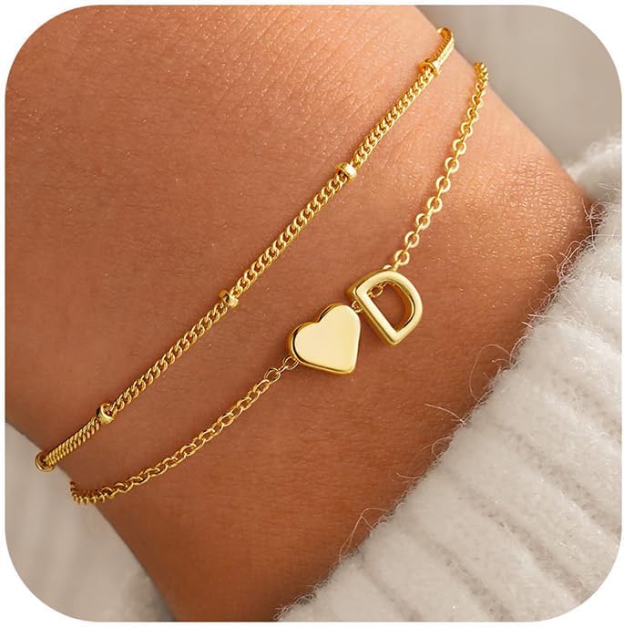 PendantPop:  Initial Heart Gold Bracelets for Women - Layered Dainty Gold Heart Letter A-Z Charm Bracelets for Women, Chain Link Charm Bracelets Beaded Bracelets Birthday Gifts Womens Jewelry
