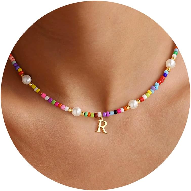 PendantPop:  Colorful Initial Necklaces for Girls - Pearl Beaded Choker Necklace for Women Teen Girl Colorful, Trendy Personalized Letter Initial Gifts Birthday Gifts Kids Jewelry