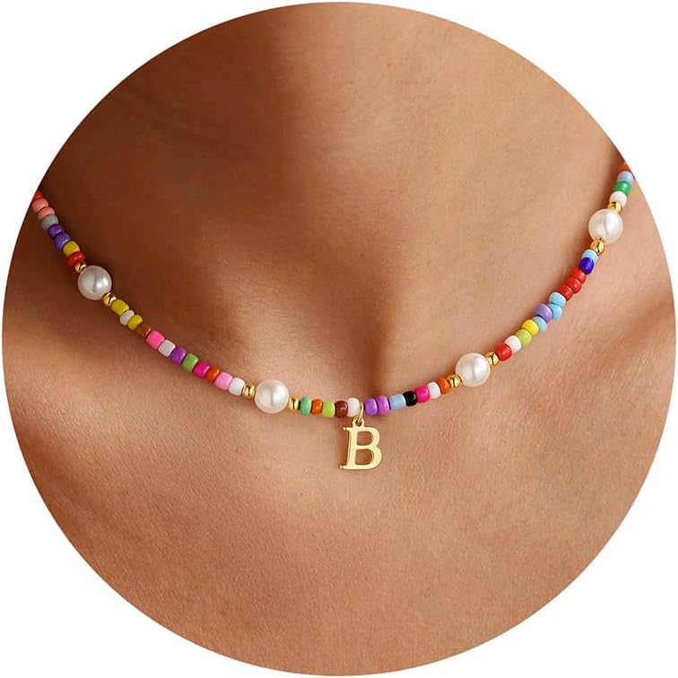 PendantPop:  Colorful Initial Necklaces for Girls - Pearl Beaded Choker Necklace for Women Teen Girl Colorful, Trendy Personalized Letter Initial Gifts Birthday Gifts Kids Jewelry