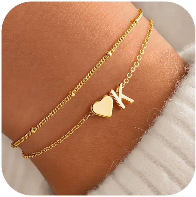 PendantPop:  Initial Heart Gold Bracelets for Women - Layered Dainty Gold Heart Letter A-Z Charm Bracelets for Women, Chain Link Charm Bracelets Beaded Bracelets Birthday Gifts Womens Jewelry