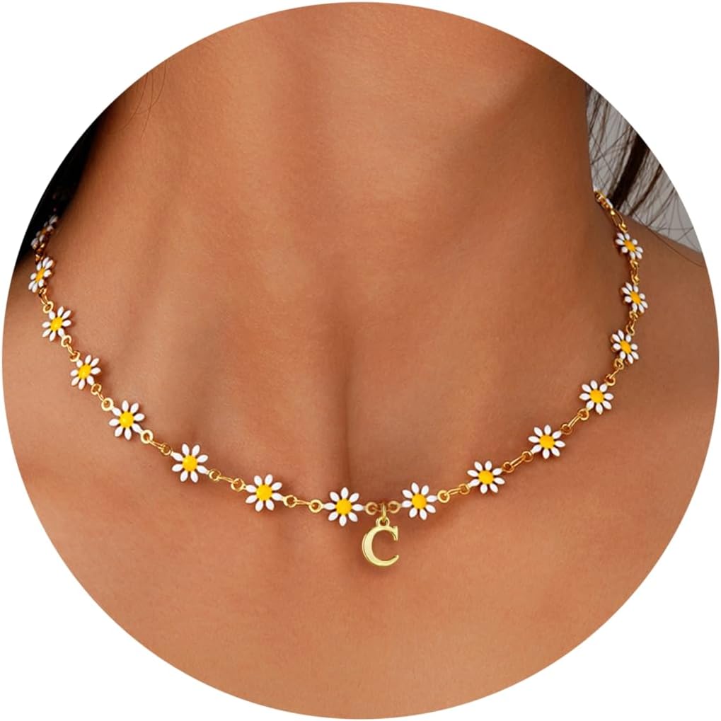 PendantPop:  Flower Initial Necklaces for Girls - Dainty Gold Letter Charm Necklace for Women Trendy, Gold Choker Necklace Daisy Flower Jewelry Personalized Gifts
