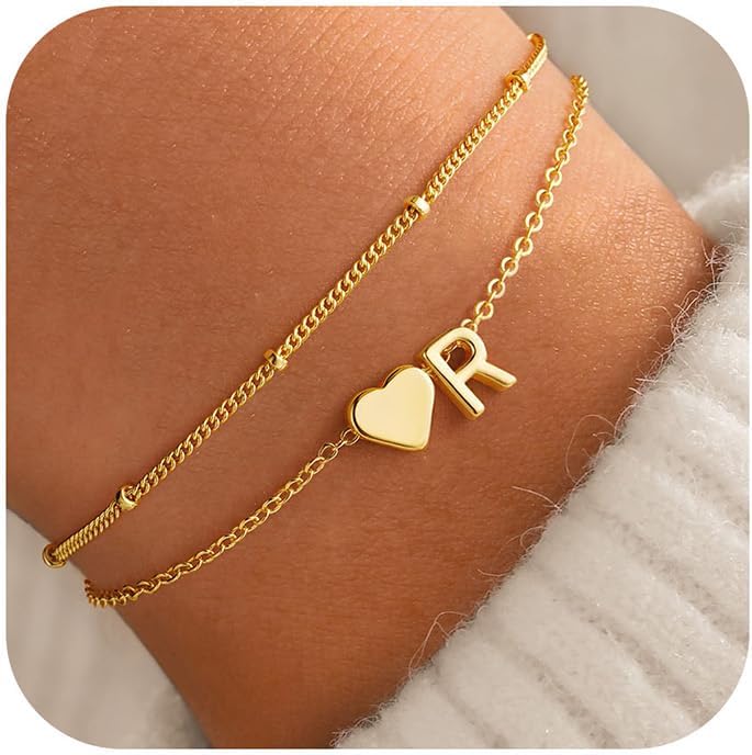PendantPop:  Initial Heart Gold Bracelets for Women - Layered Dainty Gold Heart Letter A-Z Charm Bracelets for Women, Chain Link Charm Bracelets Beaded Bracelets Birthday Gifts Womens Jewelry