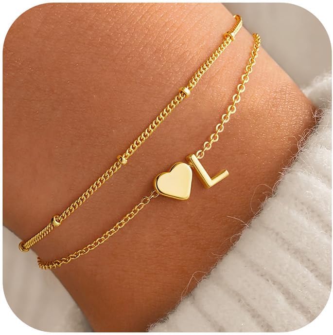 PendantPop:  Initial Heart Gold Bracelets for Women - Layered Dainty Gold Heart Letter A-Z Charm Bracelets for Women, Chain Link Charm Bracelets Beaded Bracelets Birthday Gifts Womens Jewelry