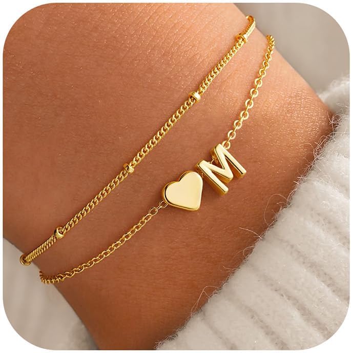PendantPop:  Initial Heart Gold Bracelets for Women - Layered Dainty Gold Heart Letter A-Z Charm Bracelets for Women, Chain Link Charm Bracelets Beaded Bracelets Birthday Gifts Womens Jewelry