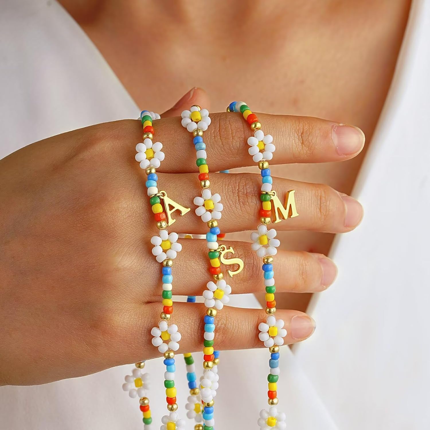 PendantPop:  Colorful Beaded Initial Necklaces for Women - Daisy Flower Beaded Choker Necklace for Women Handmade Cute Flower Necklaces Summer Beach Choker Necklace Jewelry Gifts