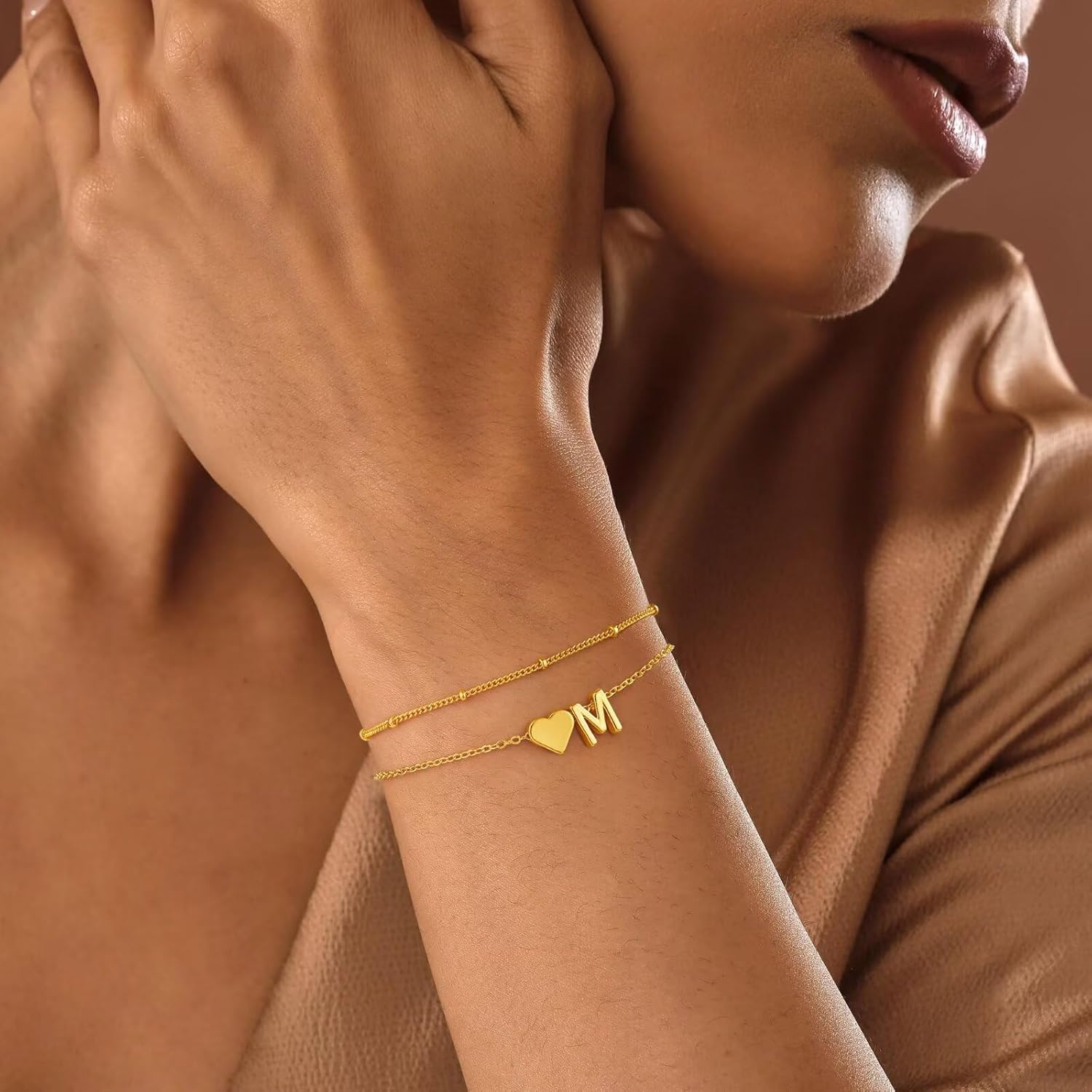 PendantPop:  Initial Heart Gold Bracelets for Women - Layered Dainty Gold Heart Letter A-Z Charm Bracelets for Women, Chain Link Charm Bracelets Beaded Bracelets Birthday Gifts Womens Jewelry