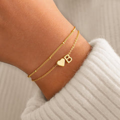 PendantPop:  Initial Heart Gold Bracelets for Women - Layered Dainty Gold Heart Letter A-Z Charm Bracelets for Women, Chain Link Charm Bracelets Beaded Bracelets Birthday Gifts Womens Jewelry