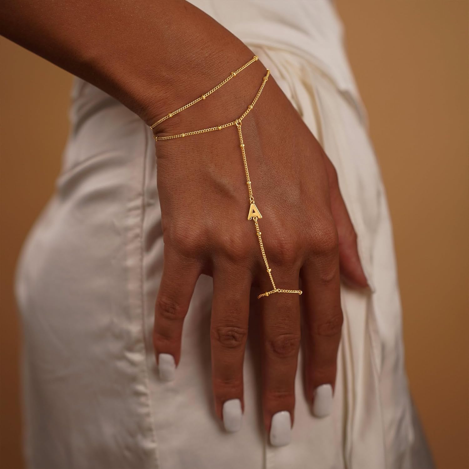 PendantPop:  Initial Hand Chain for Women - Dainty Gold Ring Bracelet Hand Chain for Women Trendy, Letter A-Z Initial Link Charm Bracelets Personalized Gold Jewelry Gifts