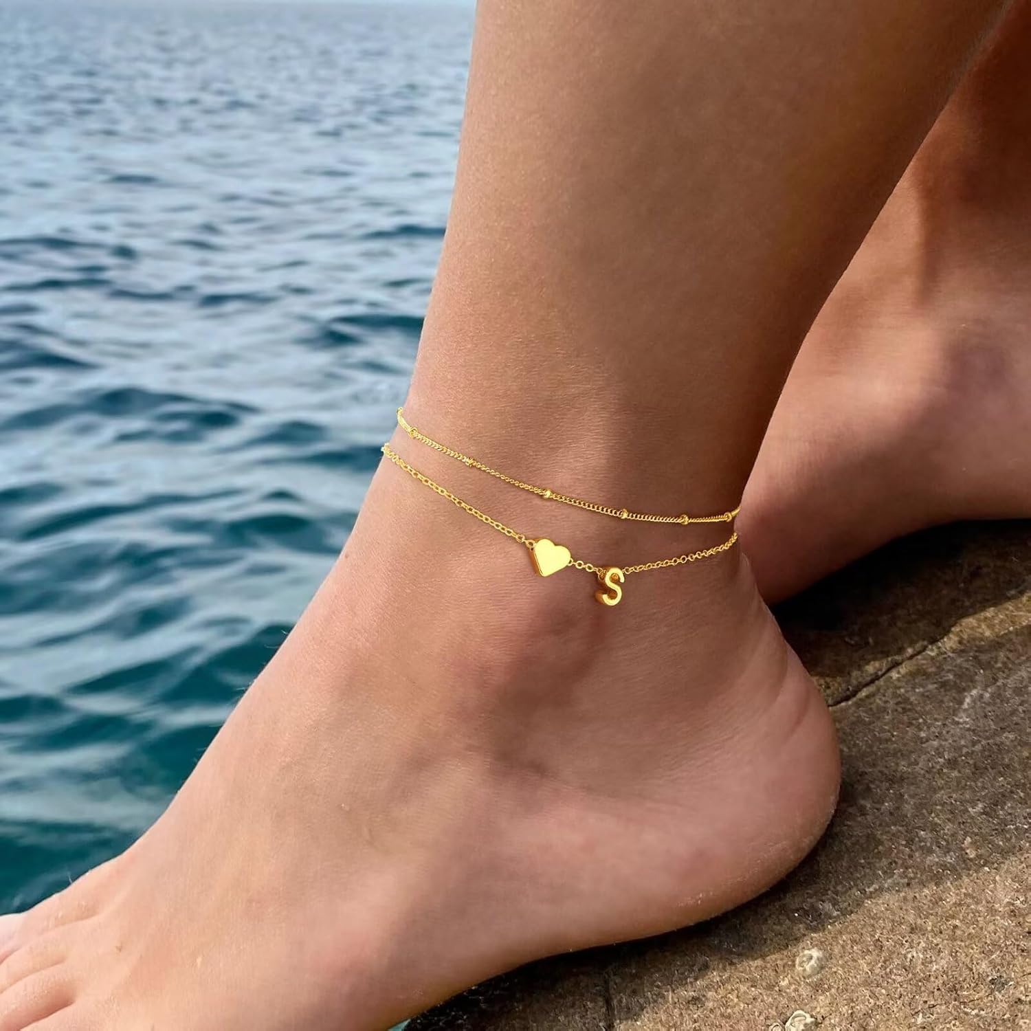 PendantPop:  Gold Initial Ankle Bracelets for Women - Layered Heart Letter A-Z Initial Dainty Gold Anklets for Women Waterproof, Womens Anklets Jewelry Birthday Gifts Jewelry
