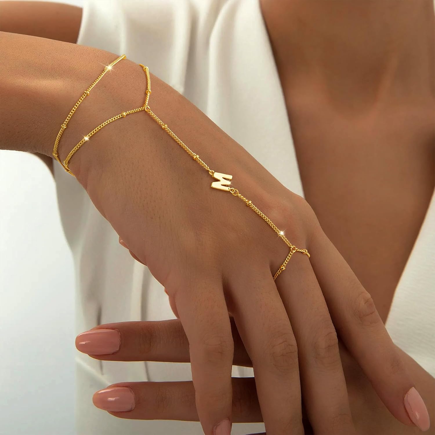 PendantPop:  Initial Hand Chain for Women - Dainty Gold Ring Bracelet Hand Chain for Women Trendy, Letter A-Z Initial Link Charm Bracelets Personalized Gold Jewelry Gifts