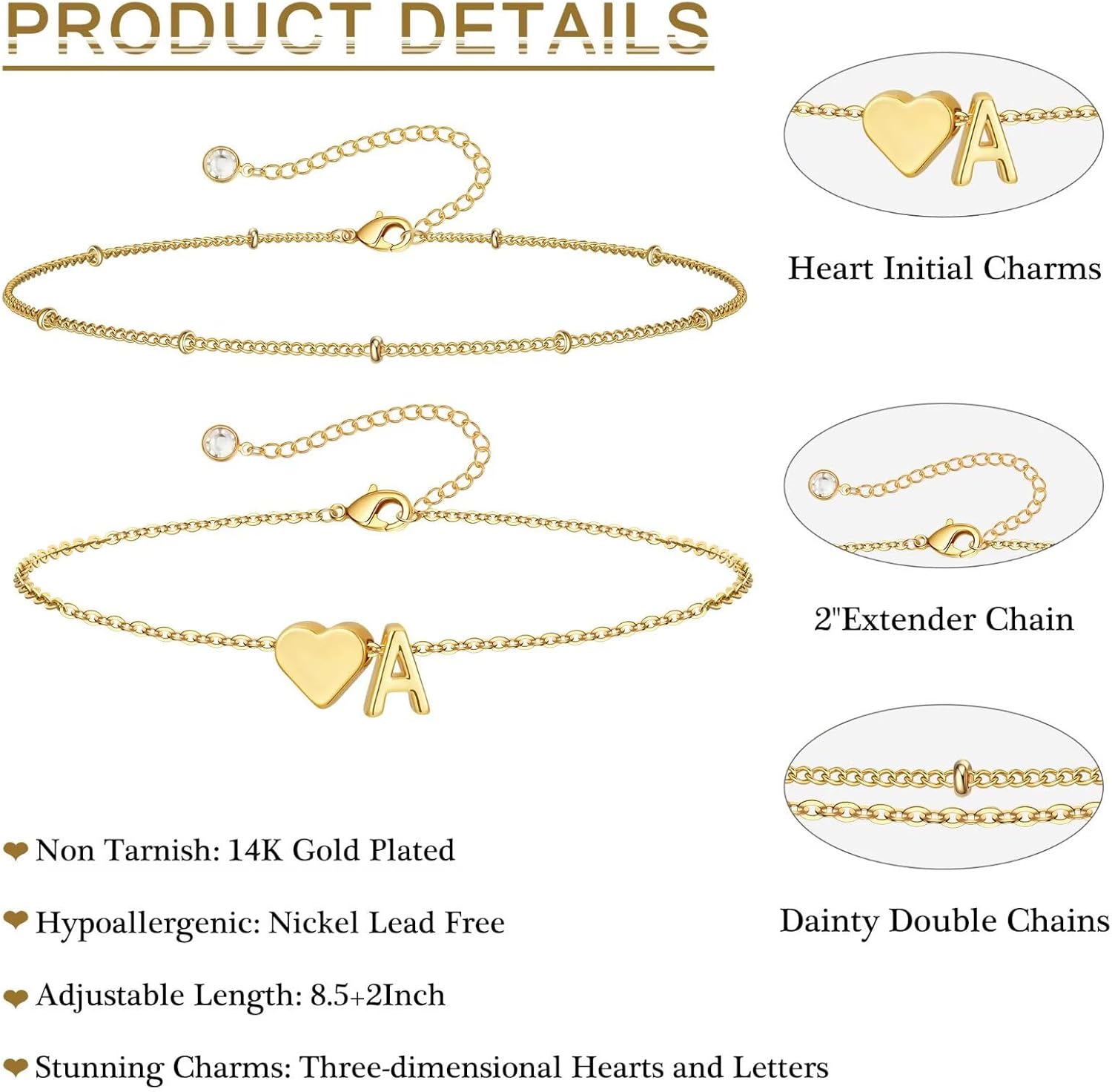 PendantPop:  Gold Initial Ankle Bracelets for Women - Layered Heart Letter A-Z Initial Dainty Gold Anklets for Women Waterproof, Womens Anklets Jewelry Birthday Gifts Jewelry