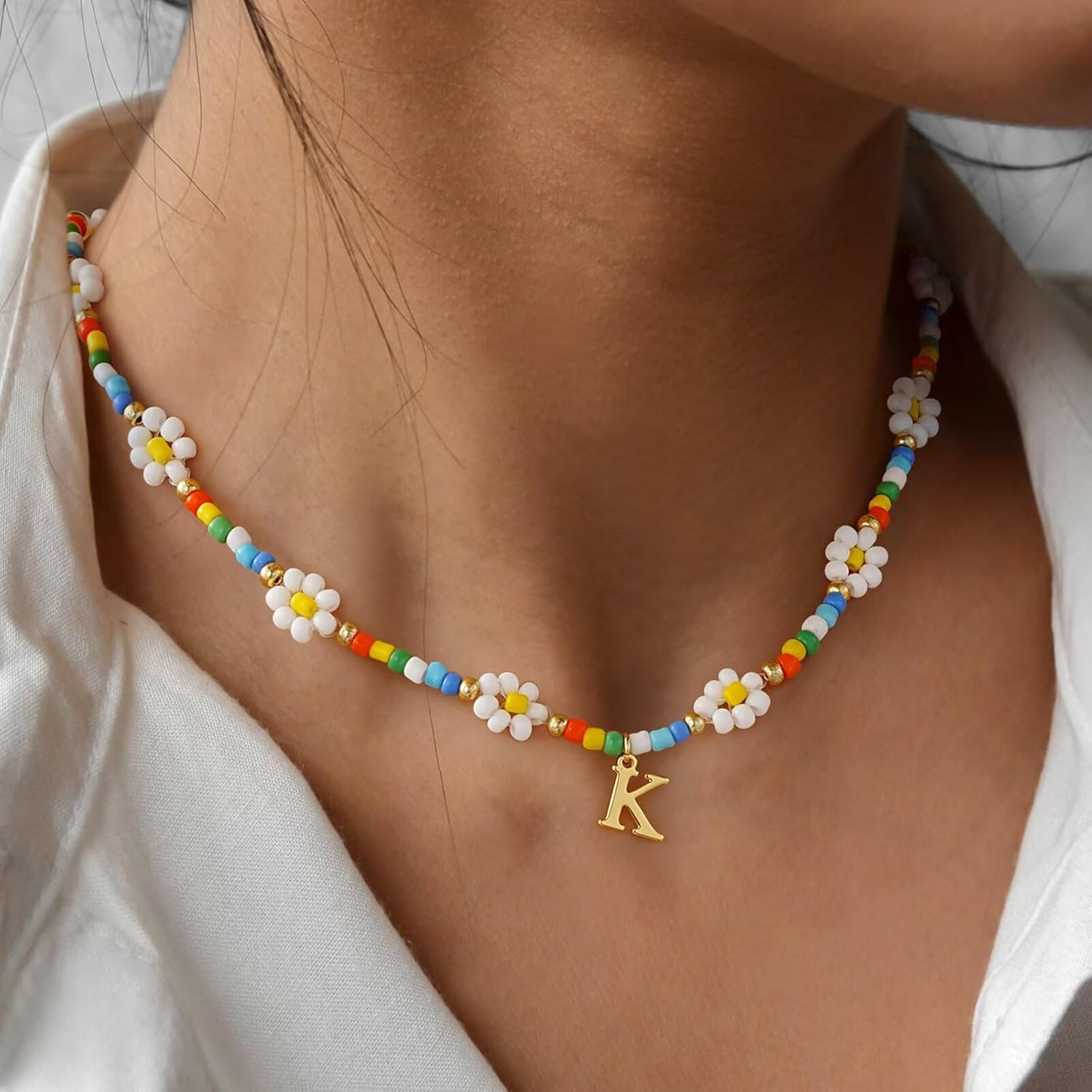 PendantPop:  Colorful Beaded Initial Necklaces for Women - Daisy Flower Beaded Choker Necklace for Women Handmade Cute Flower Necklaces Summer Beach Choker Necklace Jewelry Gifts
