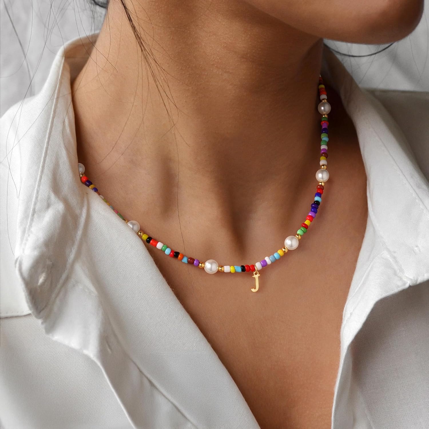 PendantPop:  Colorful Initial Necklaces for Girls - Pearl Beaded Choker Necklace for Women Teen Girl Colorful, Trendy Personalized Letter Initial Gifts Birthday Gifts Kids Jewelry