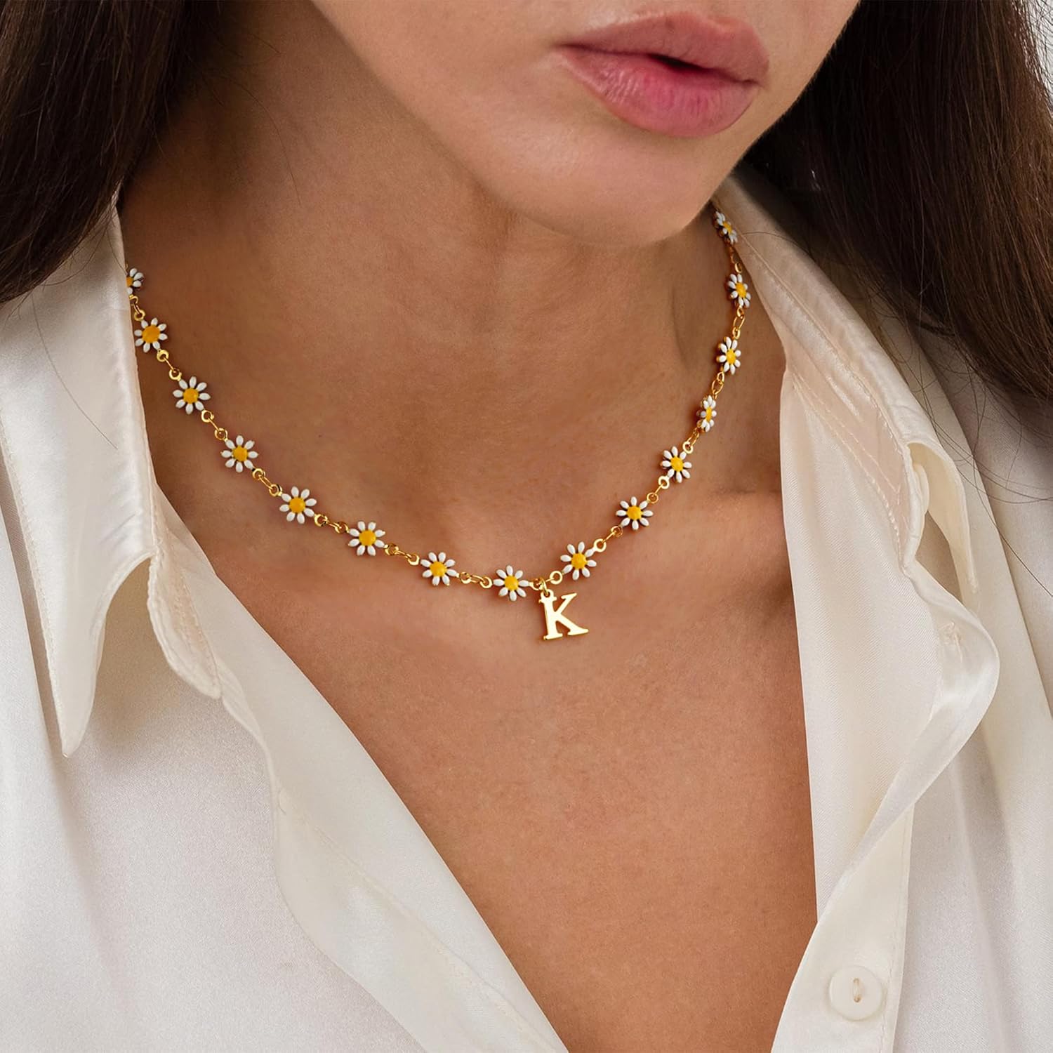 PendantPop:  Flower Initial Necklaces for Girls - Dainty Gold Letter Charm Necklace for Women Trendy, Gold Choker Necklace Daisy Flower Jewelry Personalized Gifts
