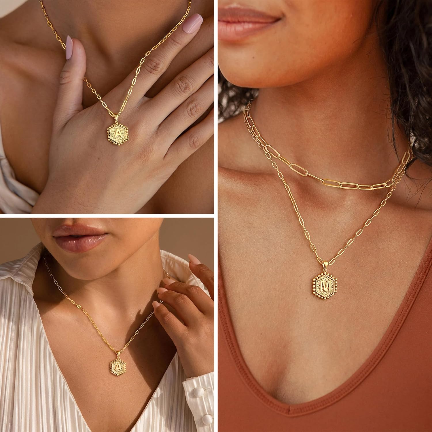 PendantPop:  Dainty Gold Necklace for Women - 14K Solid Gold Over Layering Necklaces for Women Cute Hexagon Letter Initial Necklaces for Women Gold Layered Necklaces for Women Jewelry Gifts
