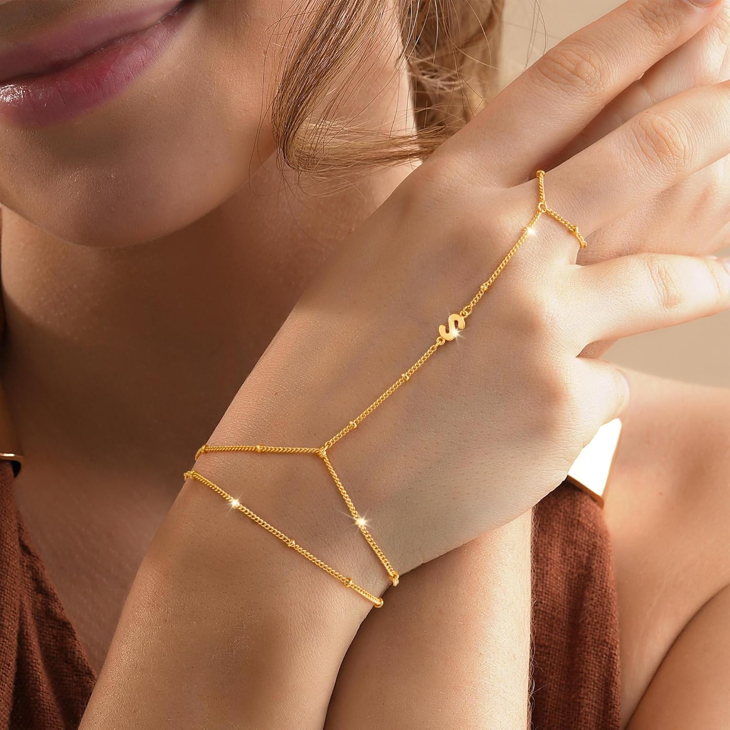 PendantPop:  Initial Hand Chain for Women - Dainty Gold Ring Bracelet Hand Chain for Women Trendy, Letter A-Z Initial Link Charm Bracelets Personalized Gold Jewelry Gifts