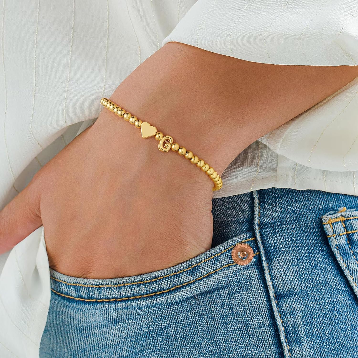 PendantPop:  Heart Initial Bracelet for Women - Dainty Gold Beaded Bracelets for Women Trendy Charm Letter A-Z Personalized Heart Jewelry Gifts