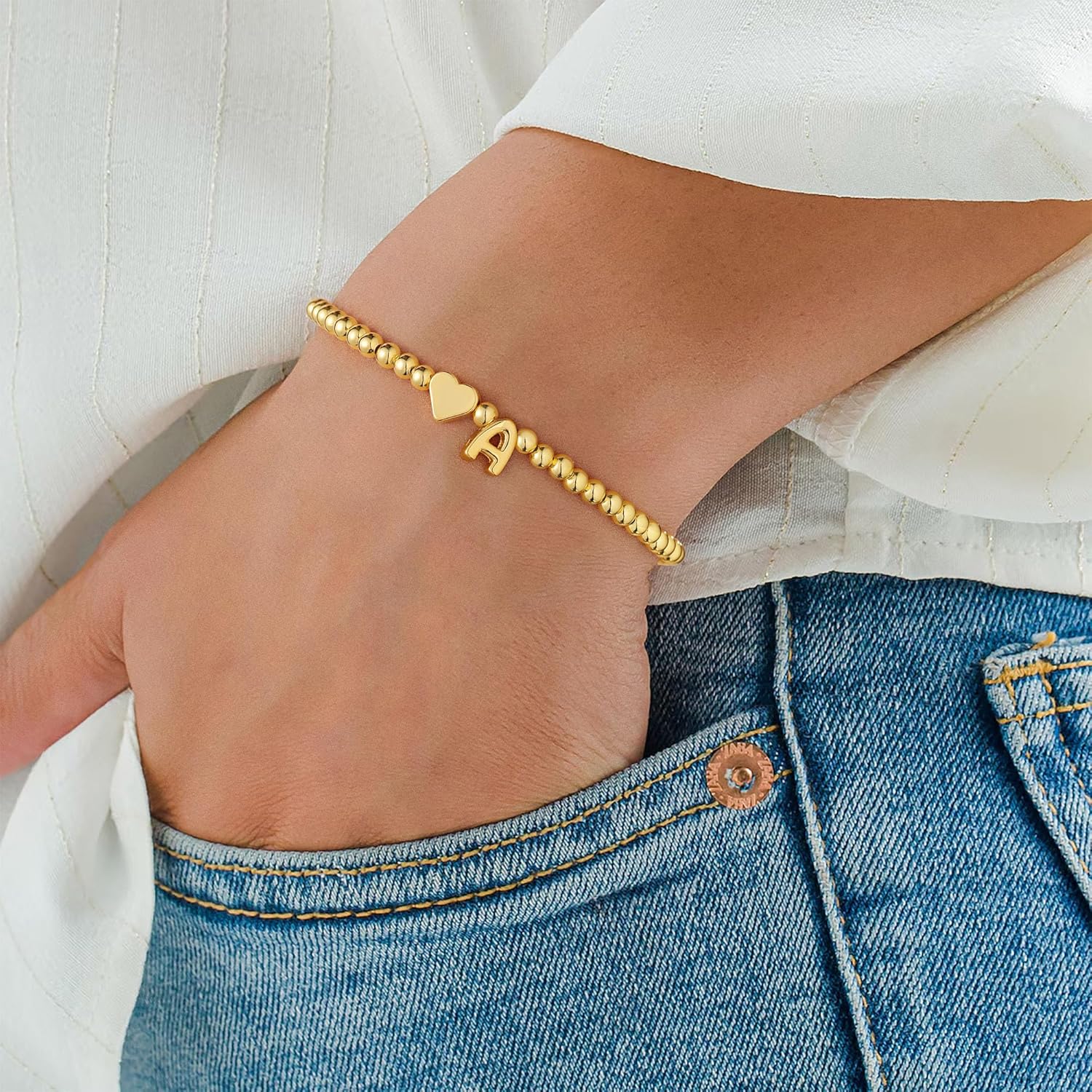 PendantPop:  Heart Initial Bracelet for Women - Dainty Gold Beaded Bracelets for Women Trendy Charm Letter A-Z Personalized Heart Jewelry Gifts